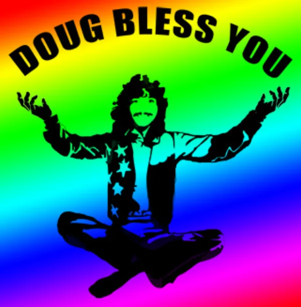 “Doug Bless You” — rainbow graphic of Doug Henning sitting cross-legged with arms raised, from the original site